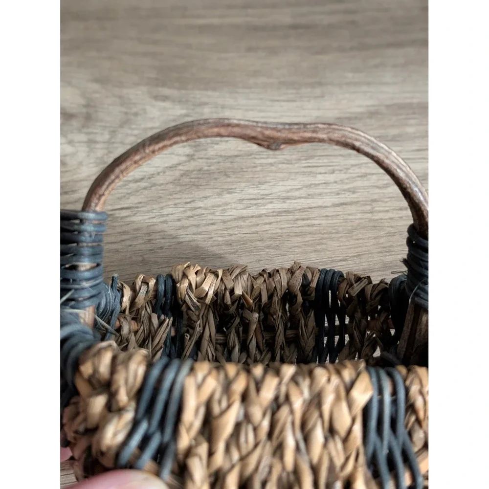 Vintage Miniature Woven Basket Blueish Green & Brown Seagrass Twig Handle Rustic